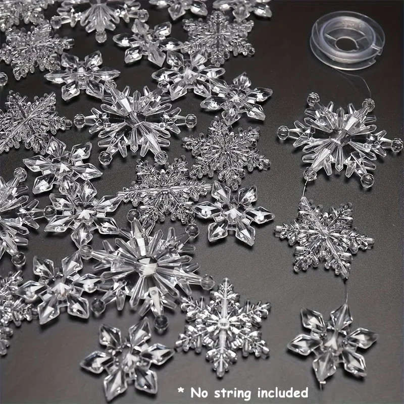 70pcs Acrylic Snowflake Pendant Beads Ornament Sets Christmas Tree Decoration Hexagonal Snowflake Flakes Hanging New Year Decor