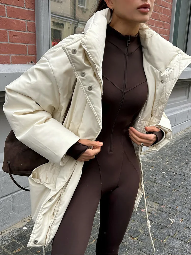 Trendix 2025 Winter Warm Jacket Women White Pocket Lace Up Long Sleeve Parkas Femme Autumn Fashion Office Commuting Warm Coat