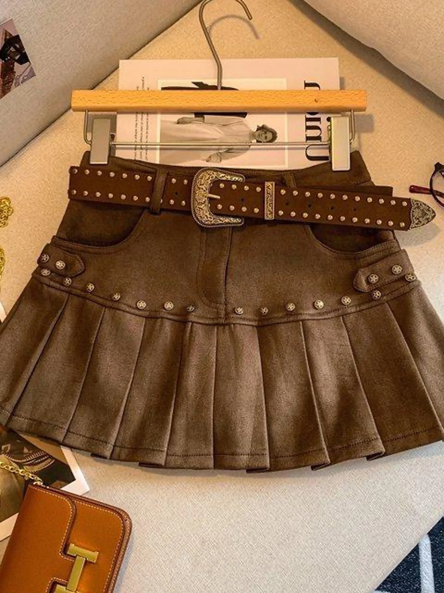 Cool Spicy American Girl Design Ultra-Short Pleated Skirt Women's Autumn New Style Slimming Versatile High Waist Deer Skin Ve...
