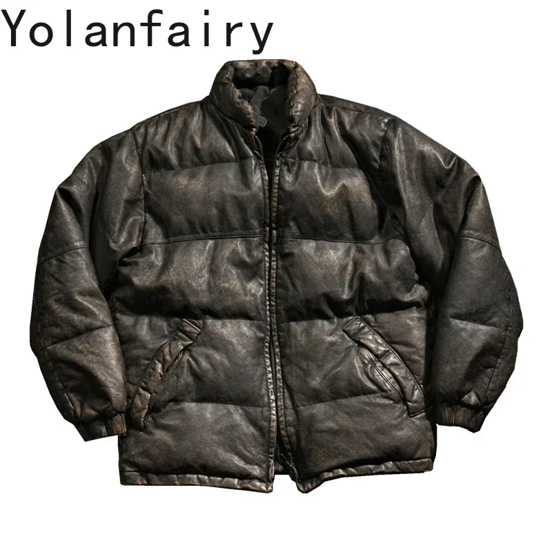 YOLANFAIRY Genuine Leather Jacket Men Vintage Jackets Layer Sheepskin Leather Down Jacket Male Large Coats Winter Men Chaqueta