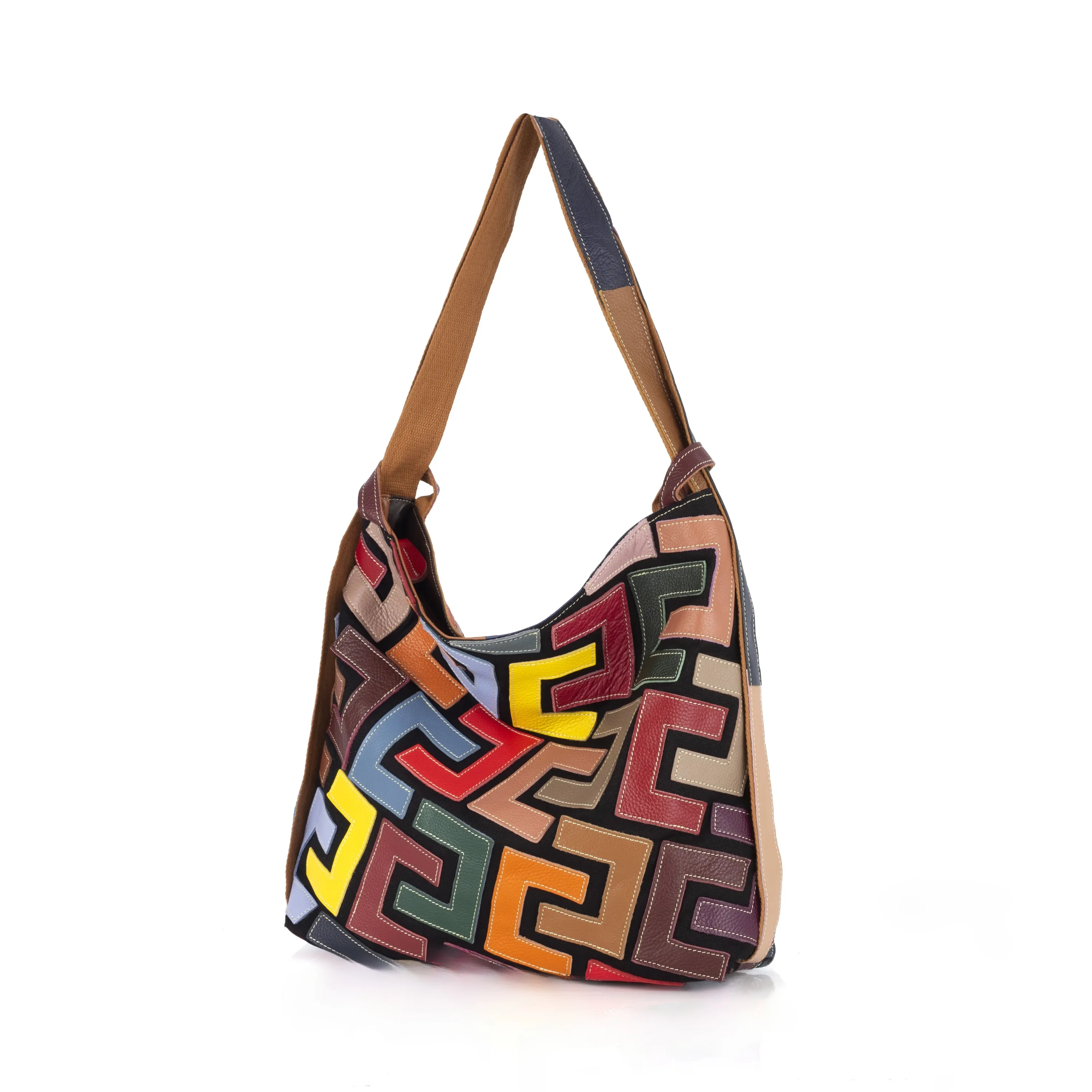 

New Handmade Leather Tote Bag Ethnic Style Geometry Color Block Casual Women's Shoulder Bag Soft Cowhide British Style Fashion