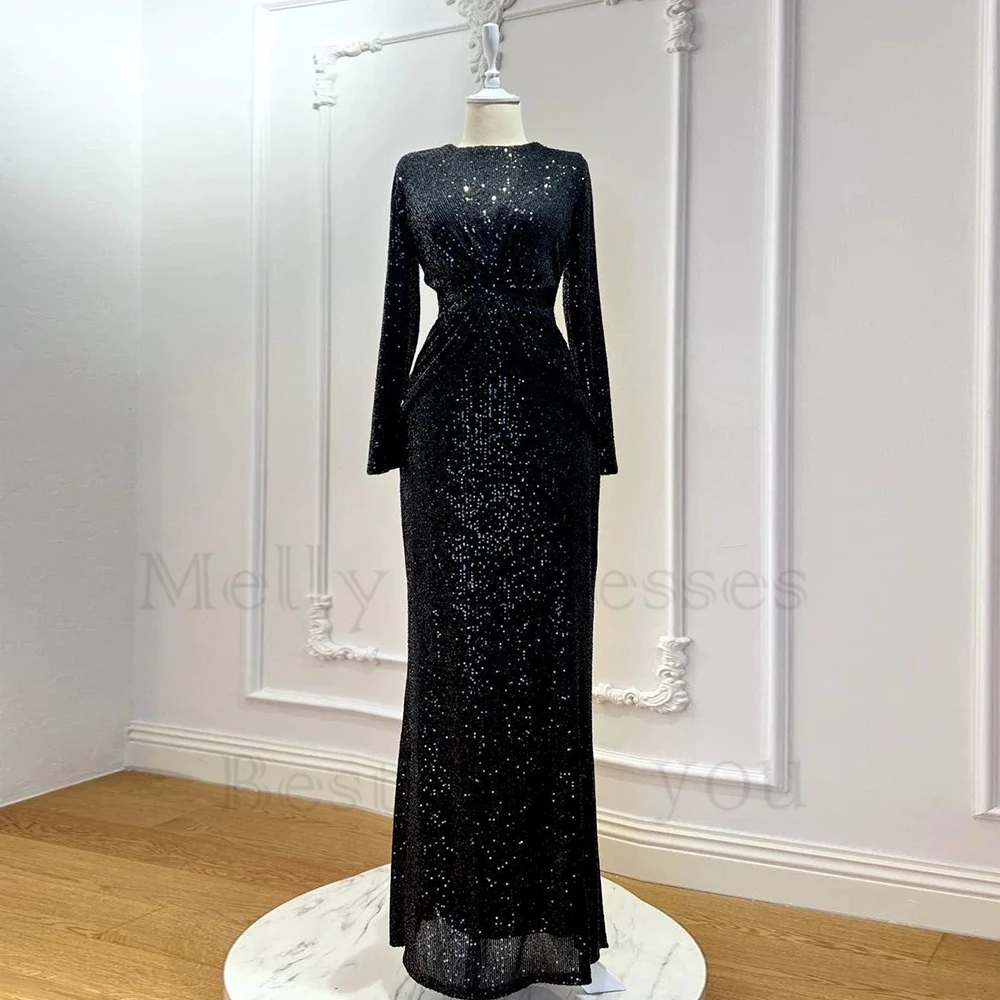 

Balck Scoop Islamic Evening Dresses for Women Seuqind Sheath 2024 New Real Picture Prom Gowns Zipper Back Robe De Soirée