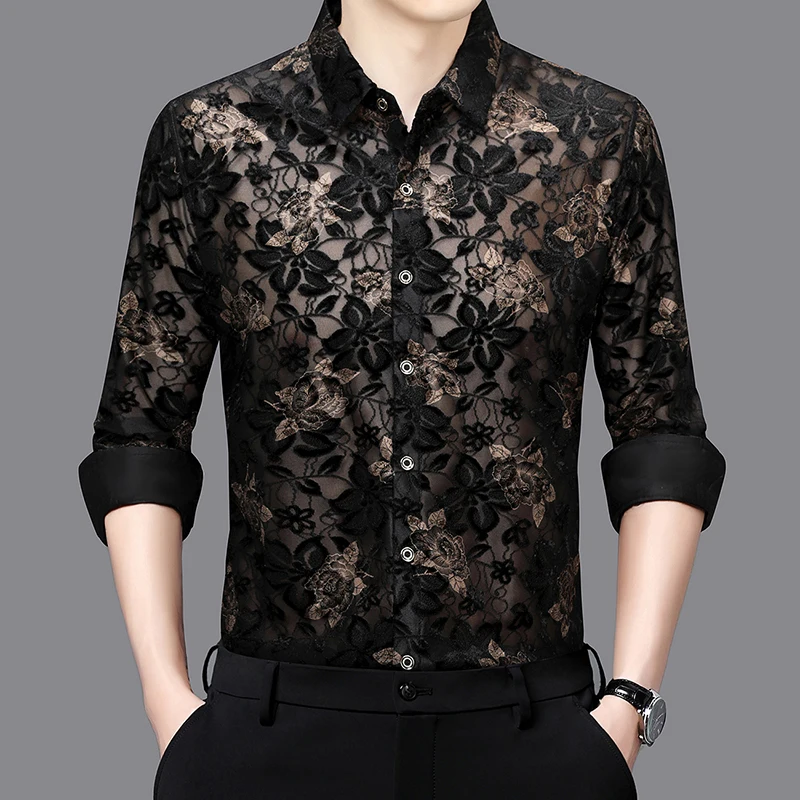 Hollow Out Floral Shirts For Men Long Sleeve Thin Breathable Icy Spring Summer Quality Polyester Sexy Designer Camisas De Hombre