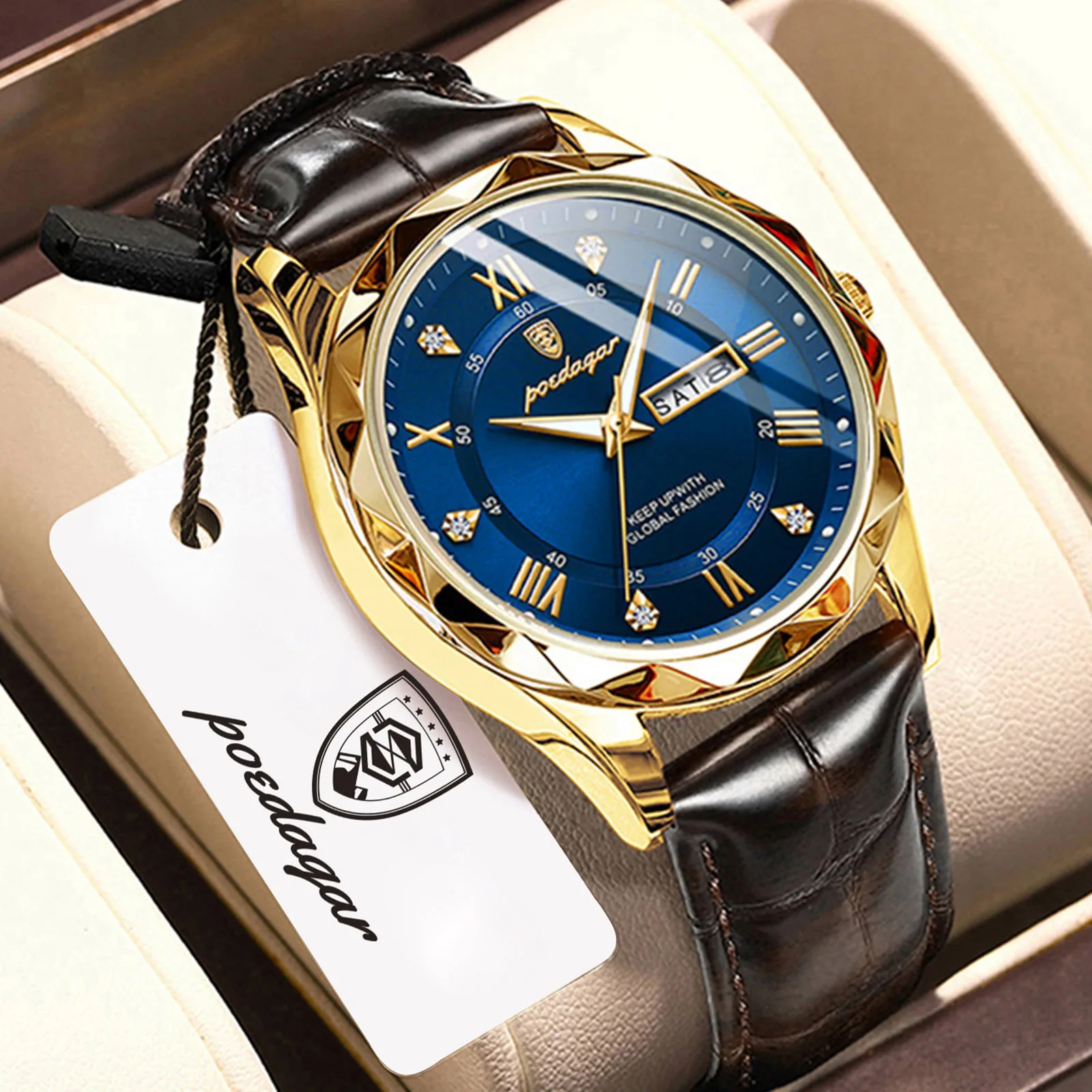 POEDAGAR Top Fashion Man Clock Waterproof Luminous Date Week Creative Men's Watches Business Quartz Leather Men Wristwatch Reloj