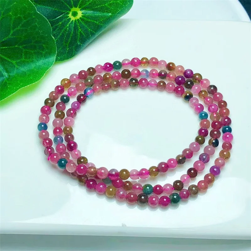 

4MM Natural Tourmaline Triple Circle Bracelet Women Healing Gemstone Crystal Strand Bangles Lovers Jewelry Gift