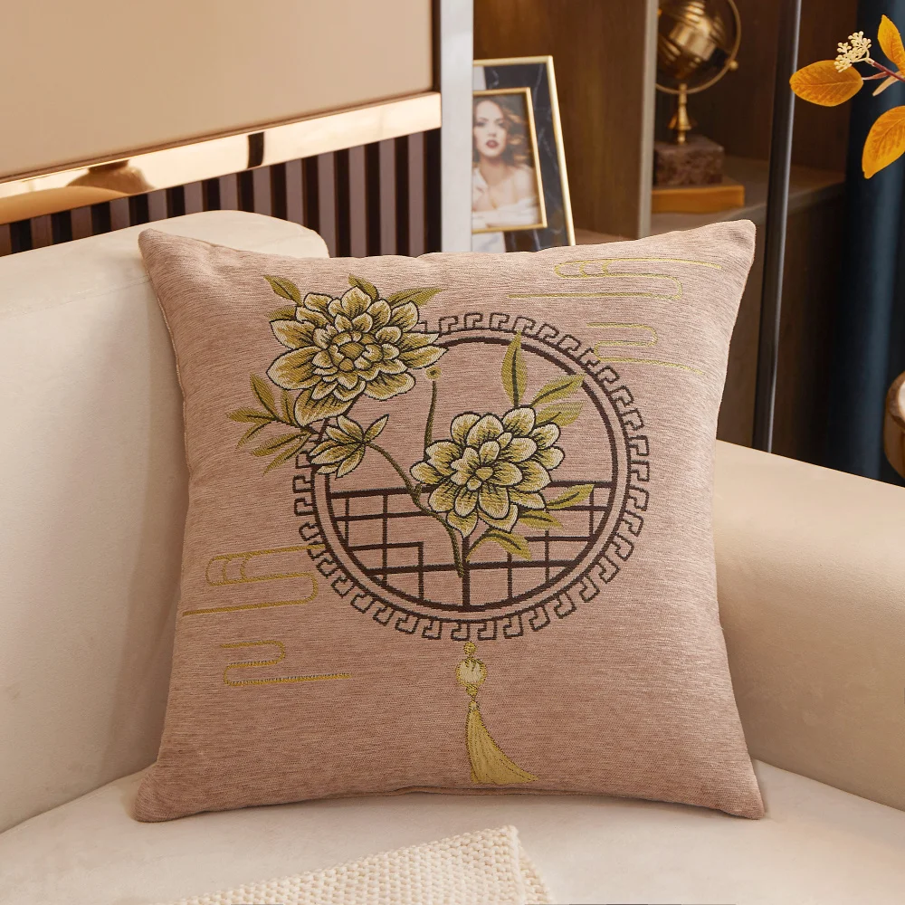 New Chinese Style Chenille Cushion Cover Chinese Embroidered Magnolia Flower Pillowcase Bedside Office Sofa Waist Cushion Case