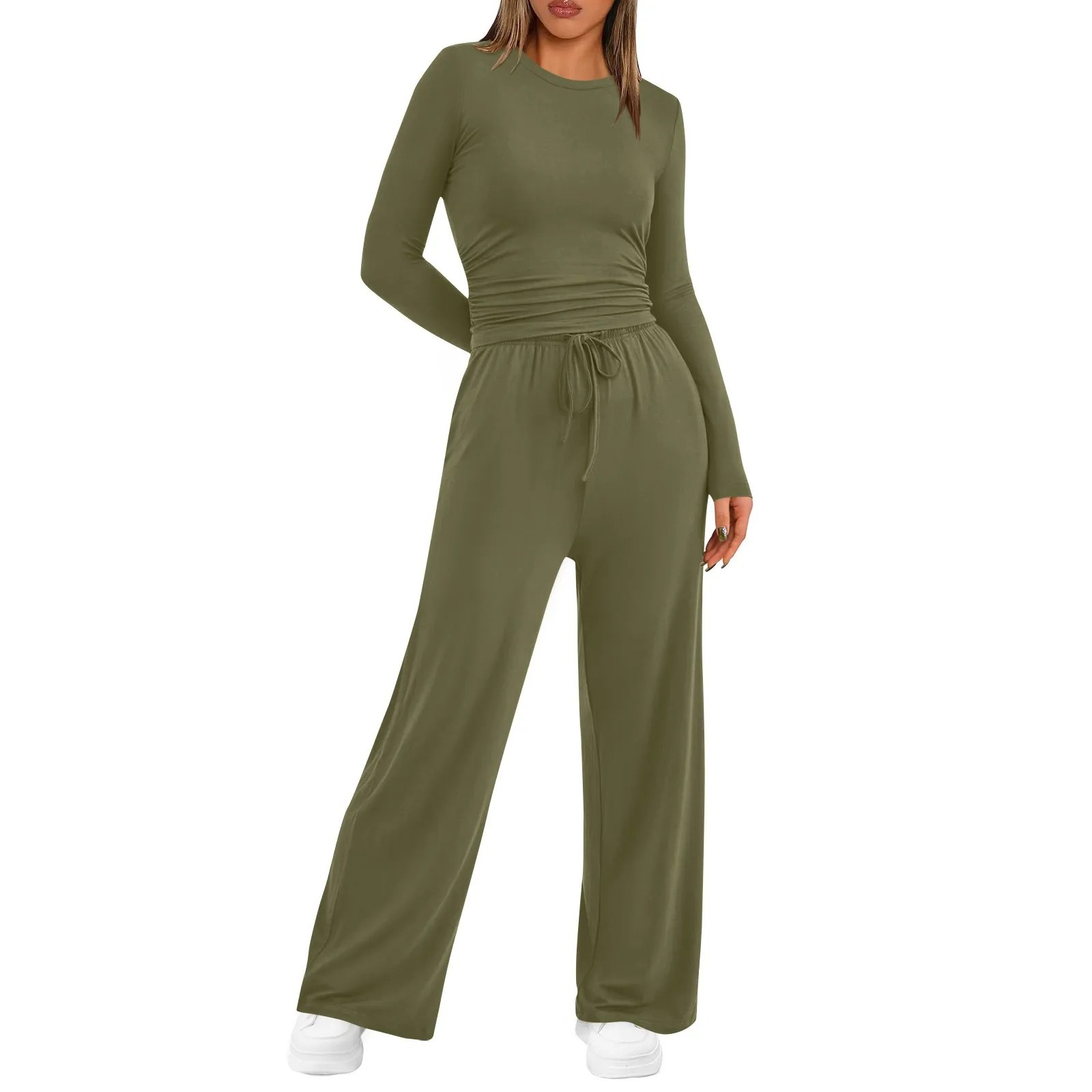 Women All-Match 2 Piece Set Track Suits Long Sleeve Tee Shirts Drawstring Wide Leg Palazzo Pants Sets Fall Casual Wear Outfits