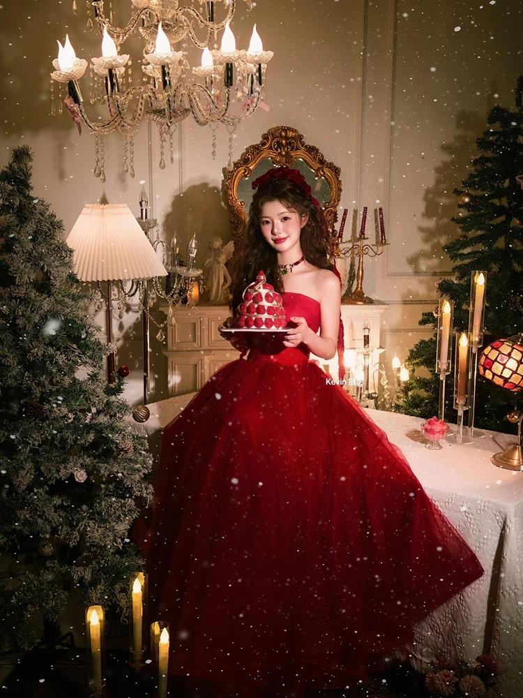 

Red Puffy Skirt Photography Studio Birthday Photo Sweet Girl Atmosphere Sensation Photography Clothing 2026 New Style