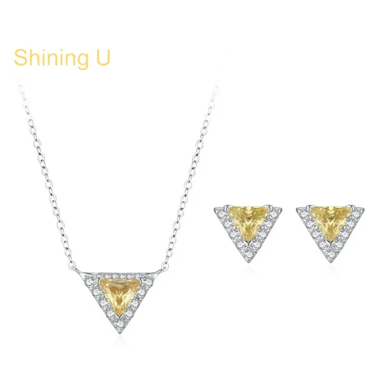 

Набор украшений Shining U из стерлингового серебра 925 пробы с желтыми камнями в форме треугольника: колье и серьги для женщин, изысканные ювелирные изделия, весенняя коллекция