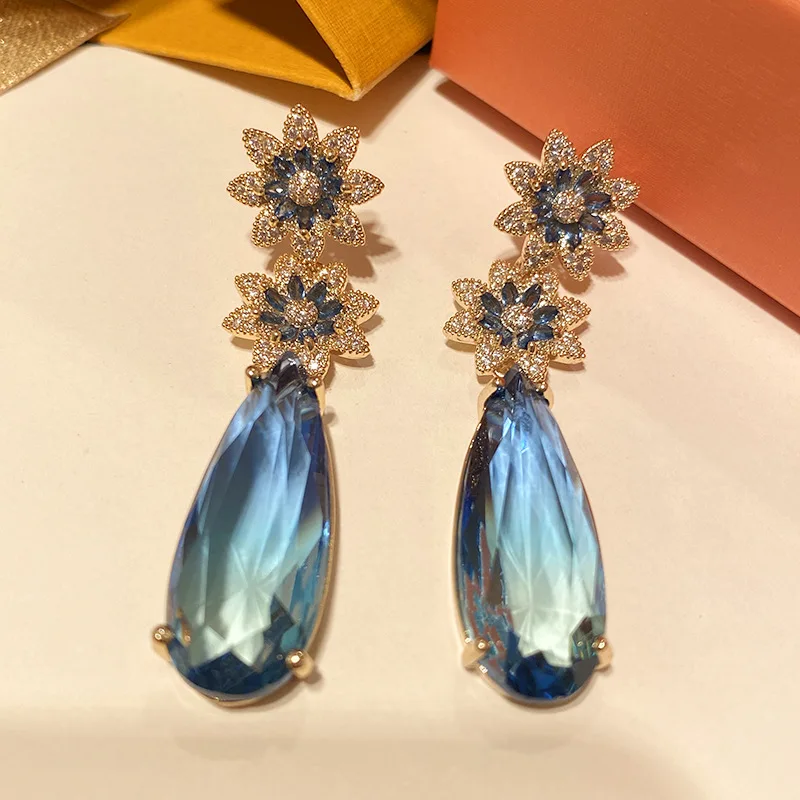 FXLRY High Quality Dangly Flower Blue Cubic Zirconia Crystal Long Big Water Drop Earrings For Women Wedding Bridal Jewelry