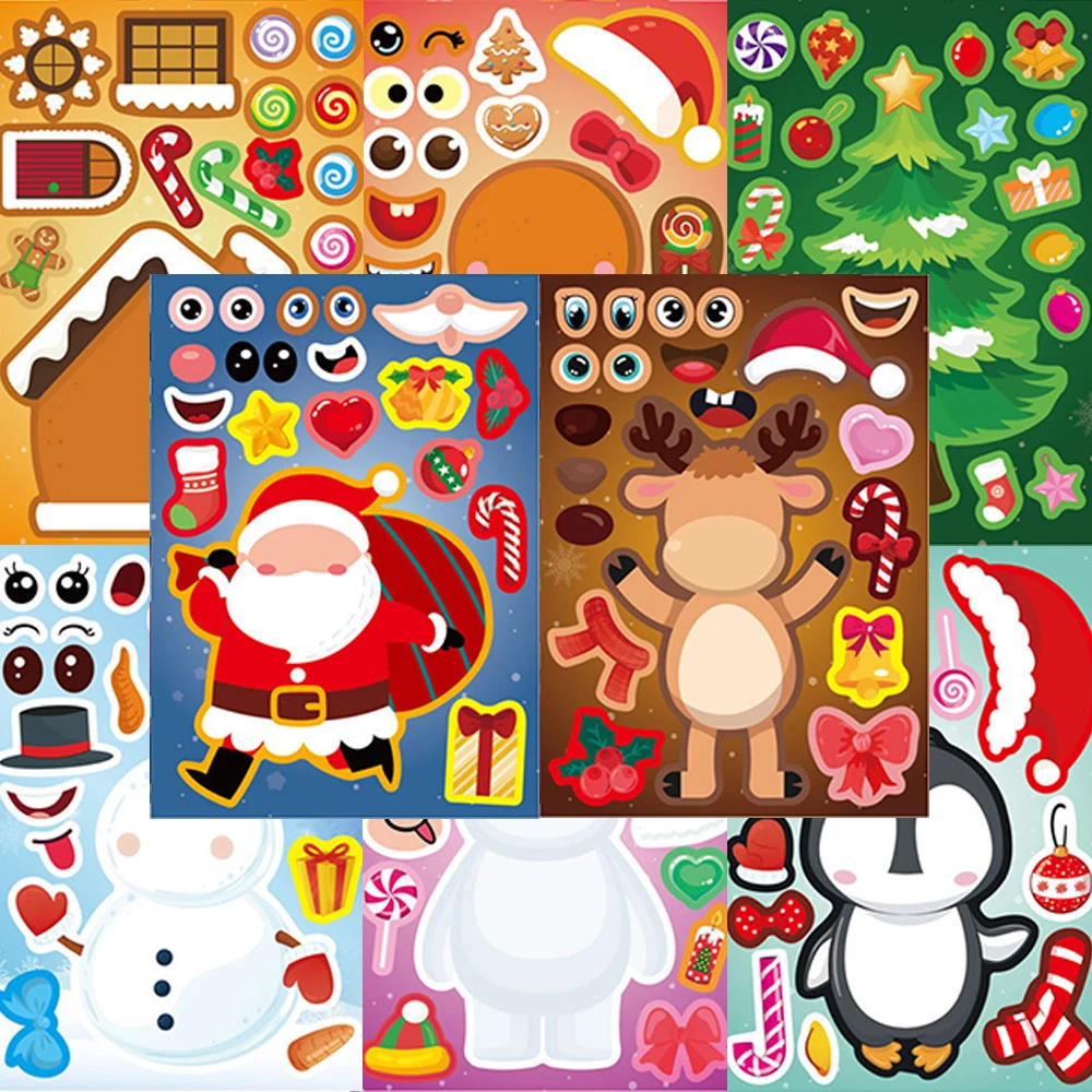 

8/16sheets DIY Christmas Puzzle Stickers Make a Face Santa Claus Jigsaw Decoration Sticker Funny Cartoon Assemble Toy for Gift
