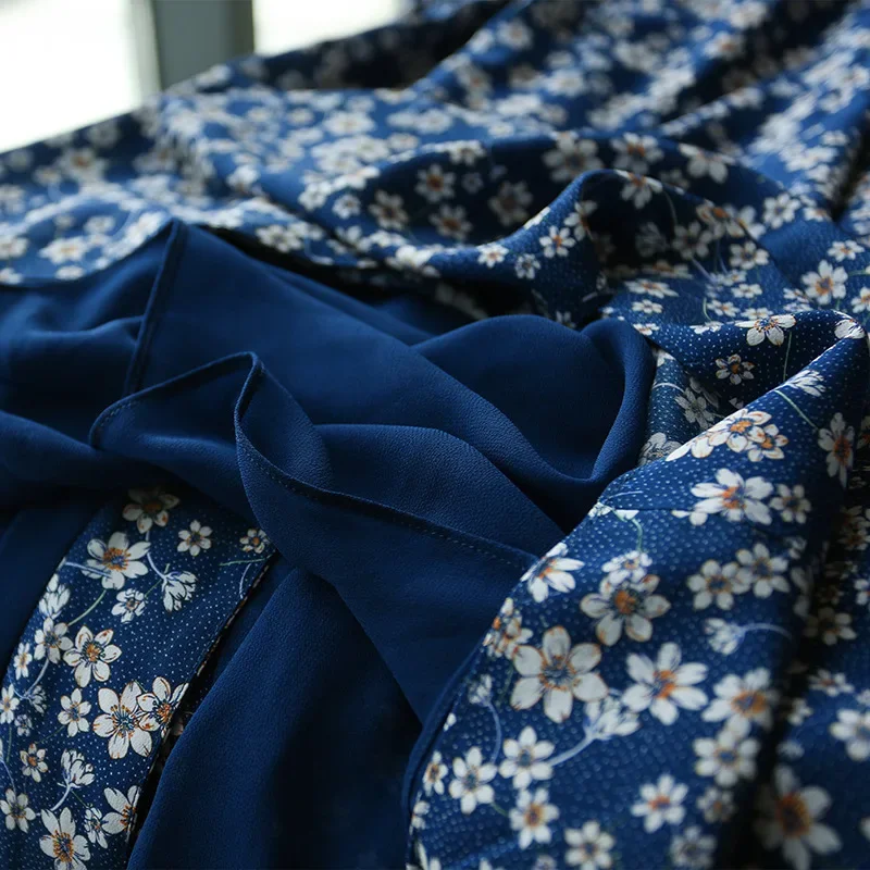 Imagem -04 - Vestido Floral Estampado para Chá para Mulheres Seda Amoreira Pera Transparente Estilo Francês Decote em v Emagrecedor Floral Azul Verão