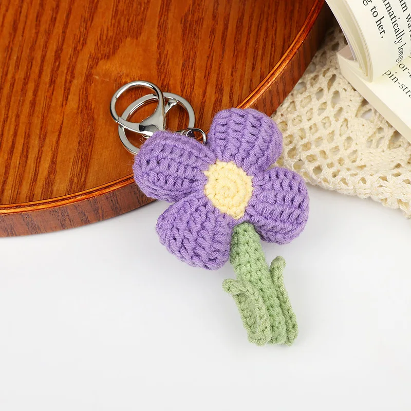 Cute Bouquet Car Keychain Wholesale Women Knitted Purple Flower Pendant Keychains For Keys Accessories Tulips Flower Bag Keyring