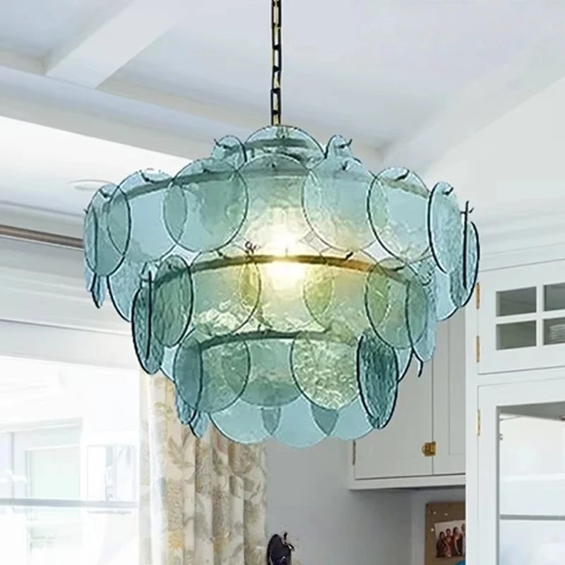 Modern Led Green Amber Clear Glass Piece Chandelier Light For Living Room Ceiling Hanging Decorative Lighting Fixtures Lustre