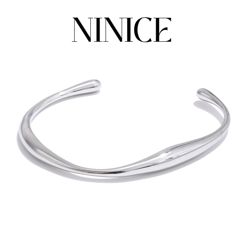 

NiNice Minimalist 316L Stainless Steel Smooth Metal Round Cuff Bracelet Bangle Waterproof Distinctive Charm Jewelry New