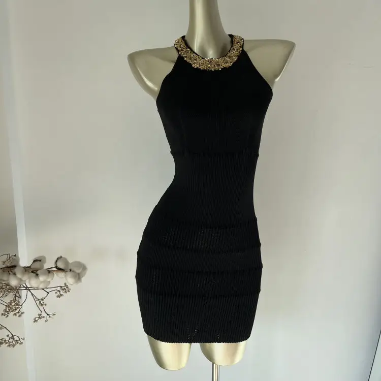 

Dresses for Women Summer High-end Elegant Style Advanced Beaded Sleeveless Halter Neck Zipper Knitted Hip Waist-hugging Dress