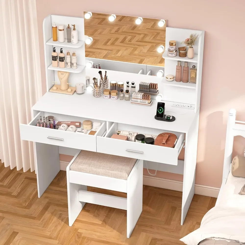 Vanity Desk, Makeup Vanity Desk with Mirror & Lights, Vanity Desk with 2 Drawers & 6 Storage Shelves, Dressing Table with Power