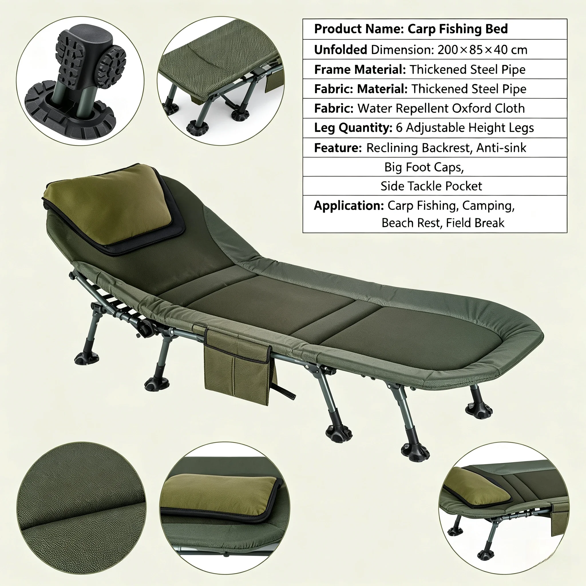 European Style Adjustable Height Folding Cot Oversized All Terrain Lounge Bed For Home Outdoor Office Nap Use