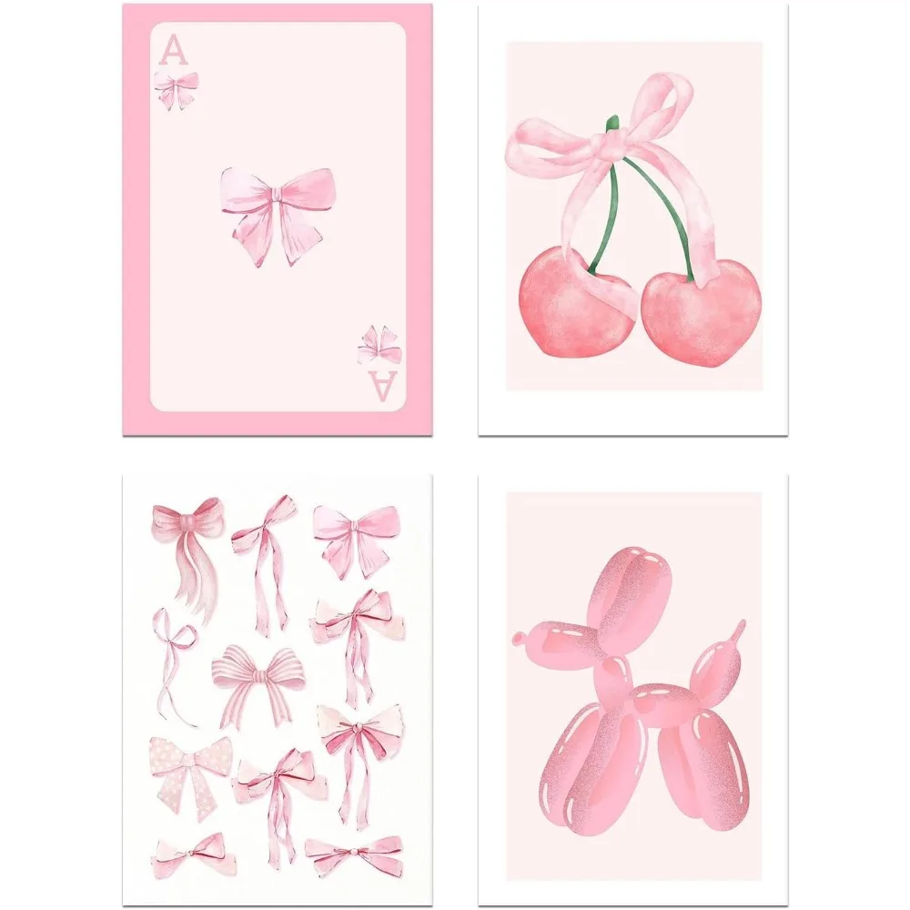 4 Stück rosa Schleife Kirsche Discokugel Poster Wanddekoration, niedliche Ballonhunde Poster, Mädchen Schlafzimmer Dekoration rosa Fotos ungerahmt