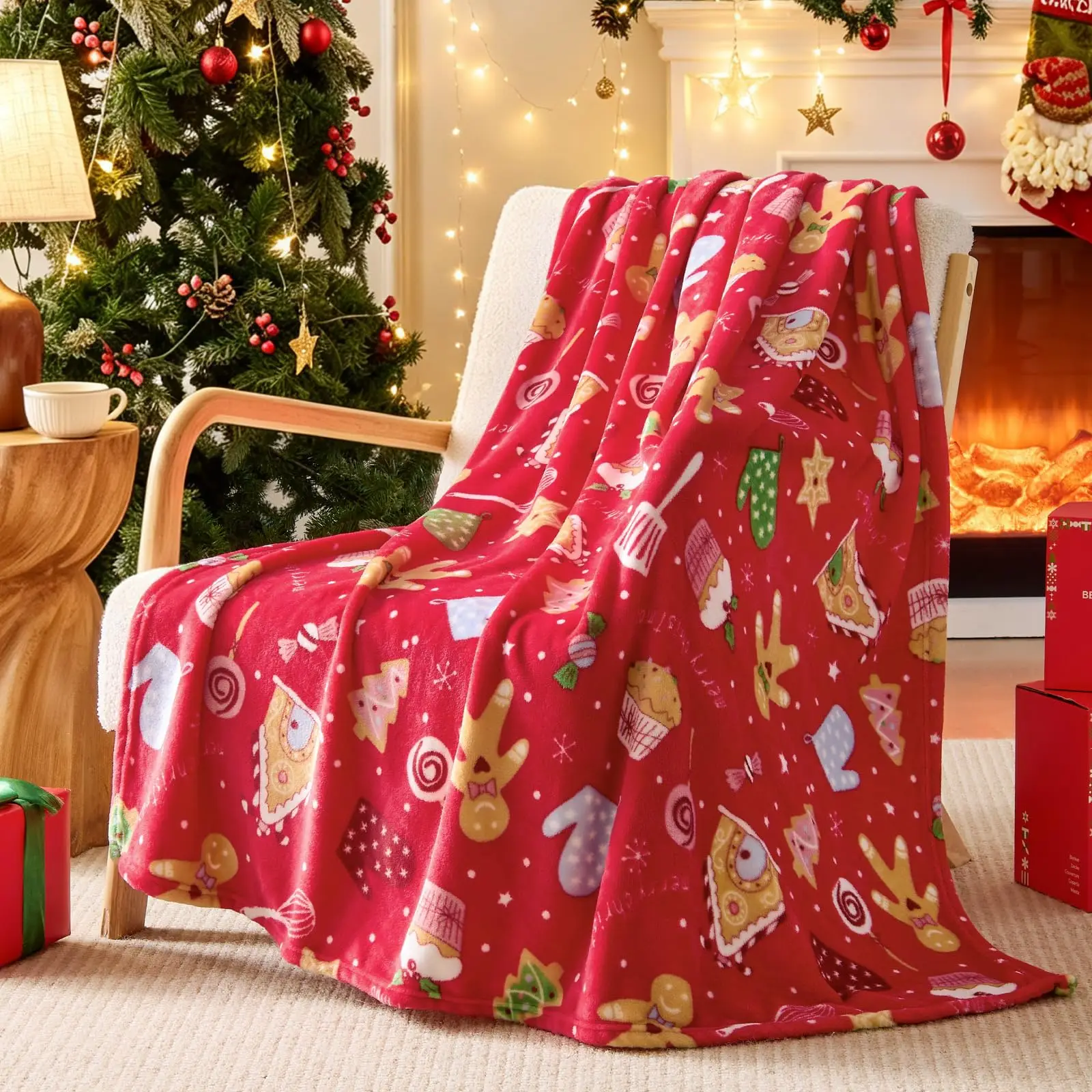 Wonderful Christmas Blanket Flannel Gingerbread Man Printed Blanket for Camping&Travel Suitable for Sofa Bedroom Living Room Bed