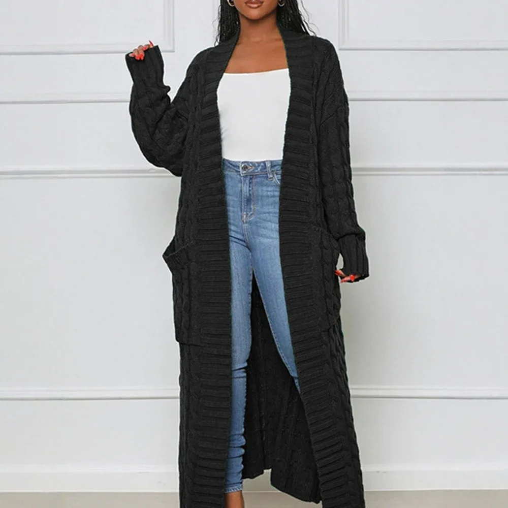 سترة طويلة المرأة سترة الخريف محبوك الشتاء الكروشيه فضفاضة طويلة الأكمام الربيع سترة دافئة البلوز السببية بالأزرار