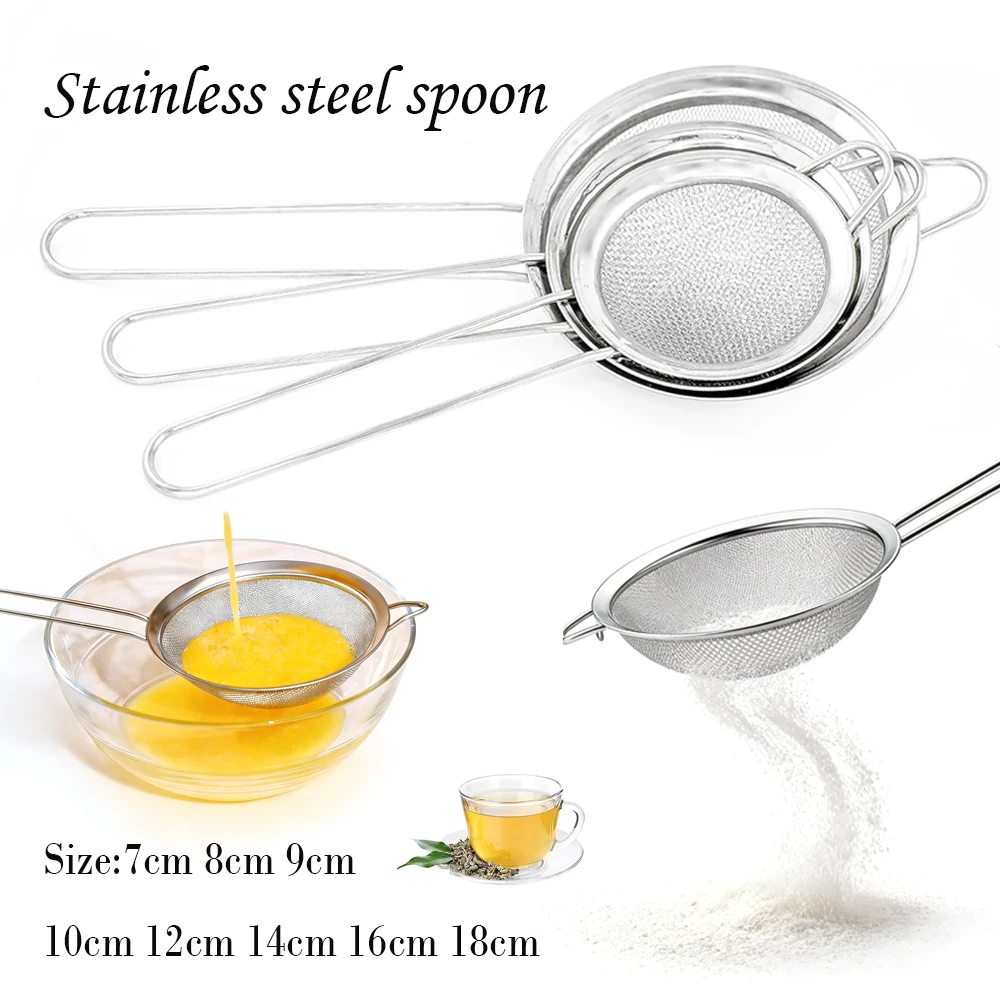Colador de malla fina de acero inoxidable, tamiz de harina de aceite para hornear pastelería, herramienta de filtro de cocina de 7-18cm, 1-4 Uds.