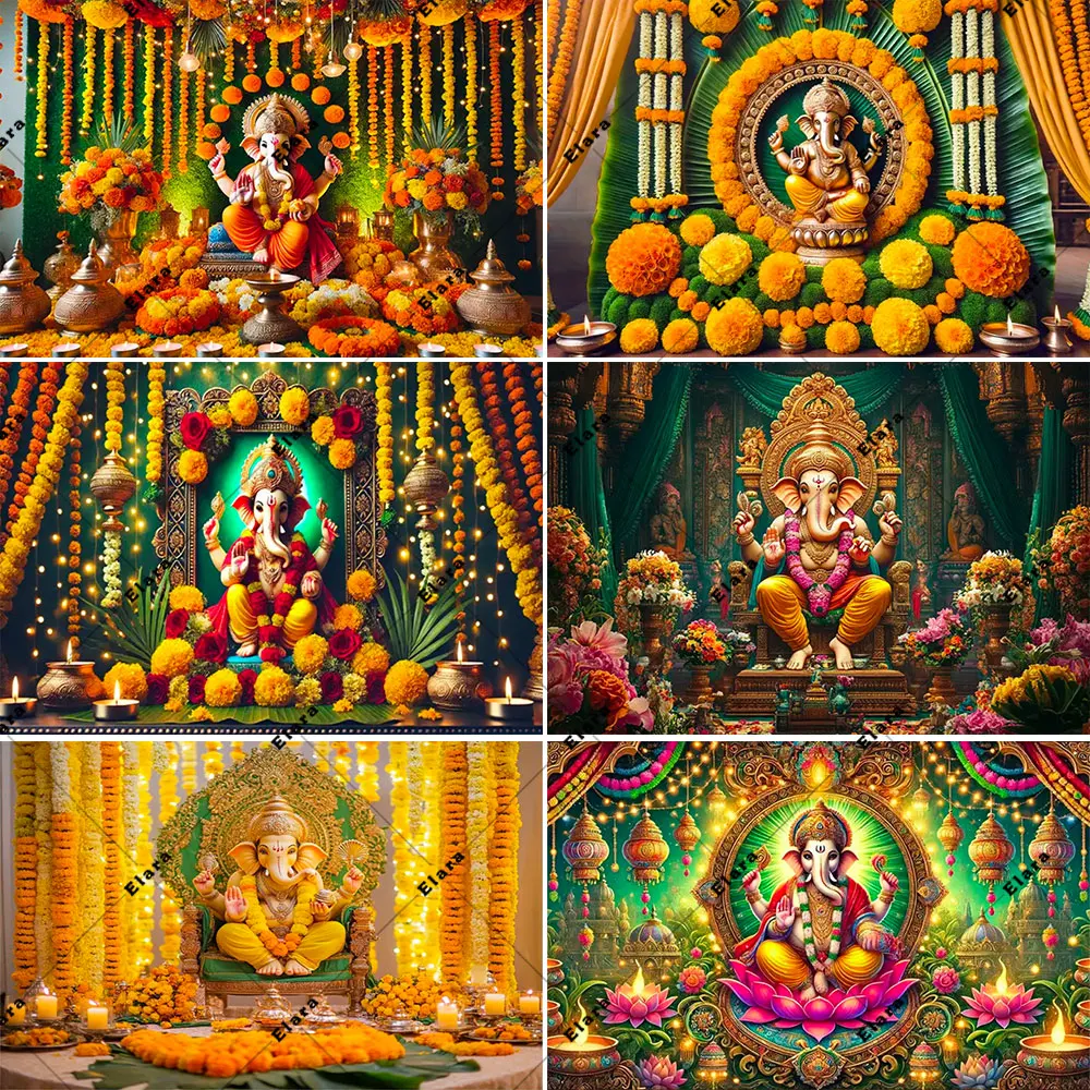 

Elephant Indian Gandhi Festival Mandala Marigold Green Banana Leaf Hindu Indian Wedding Holi Flowers Garland Backdrop Decor Prop