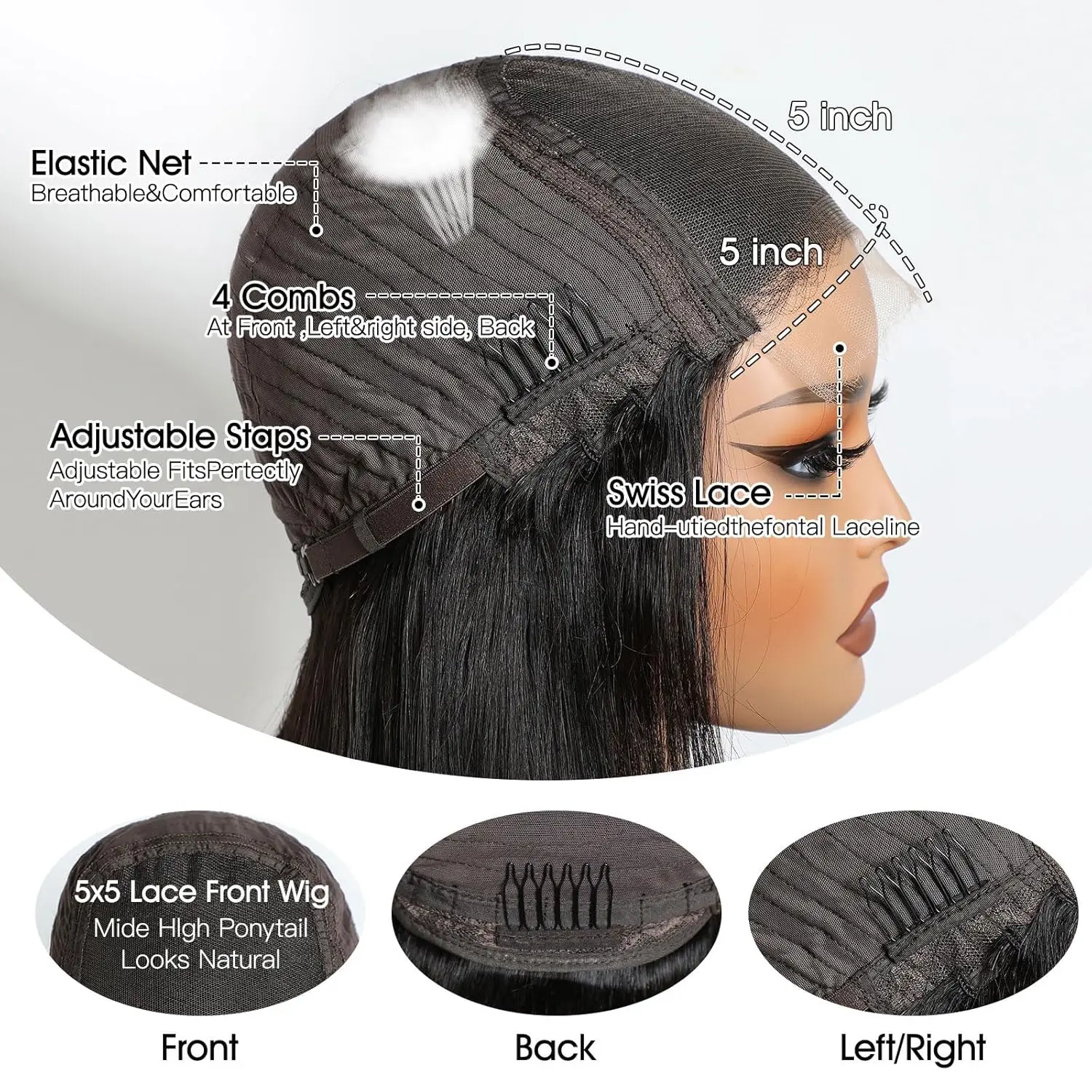 5x5 شعر مستعار دانتيل شعر بشري لا شعر مستعار دانتيل بدون صمغ للنساء طبيعي أسود جزء مجاني نمط الشعر قبل قطعها شعري خصلات الشعر المستعار الإنسان #5