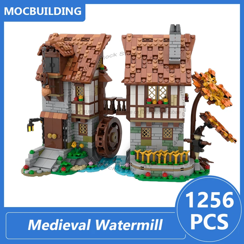 Castillo de molino de agua Medieval, modelo Moc, bloques de construcción Diy, colección de ladrillos, exhibición de arquitectura, juguetes de Navidad, regalos, 1256 Uds.