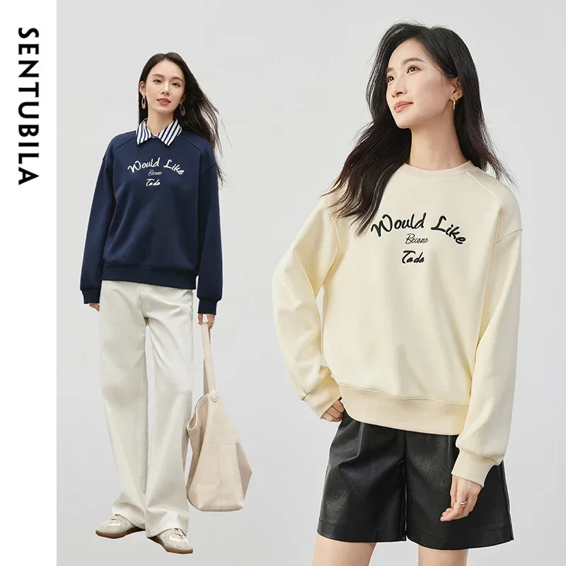 

SENTUBILA Casual Sweatshirts For Women Cotton 2025 Autumn Embroidery Commute Loose Knit Letter Thick Pullovers Tops 144A57206