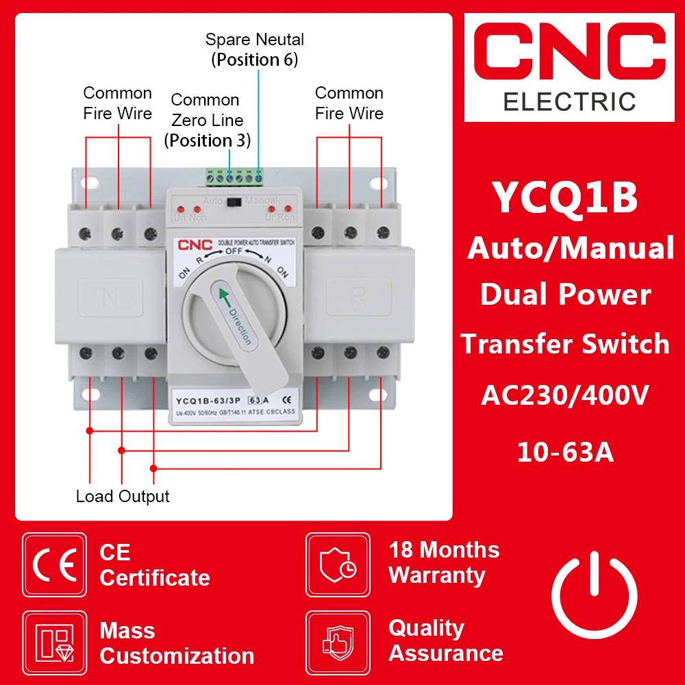 CNC 50/60Hz Dual Power Automatic Transfer Switch MCB AC230V 3P 63A Auto/Manual Switching Circuit Breakers