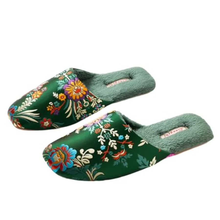 

Шелковые тапочки с вышивкой для женщин: ретро-дизайн, верх из парчи, сетчатая и пушистая подкладка, нескользящая подошва, для дома