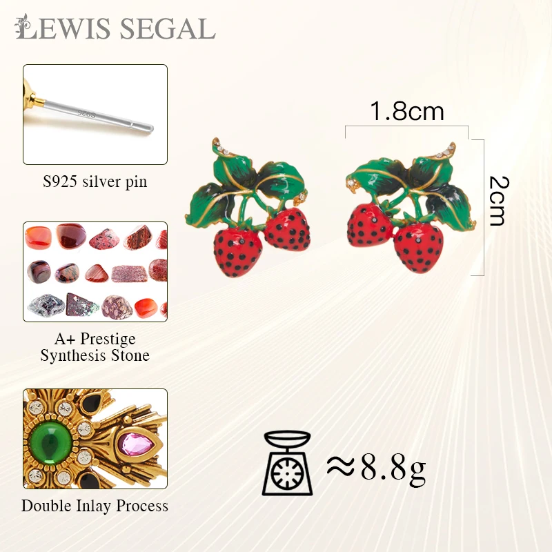 LEWIS SEGAL Strawberry Enamel Earrings for Women Suit Brooch Pin Vintage Fine Jewelry 18K Gold Plated