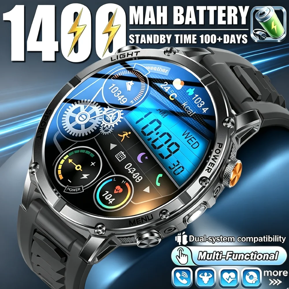 2026 new men's smart watch, built-in 1400mAH large battery, support heart rate monitoring and call function outdoor sports watch