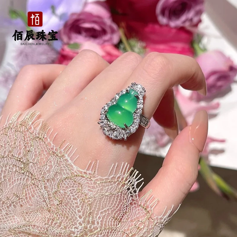 Wholesale silver-plated green chalcedony gourd-shaped women's ring, green agate jade new women's ring, live stream supply jewelr