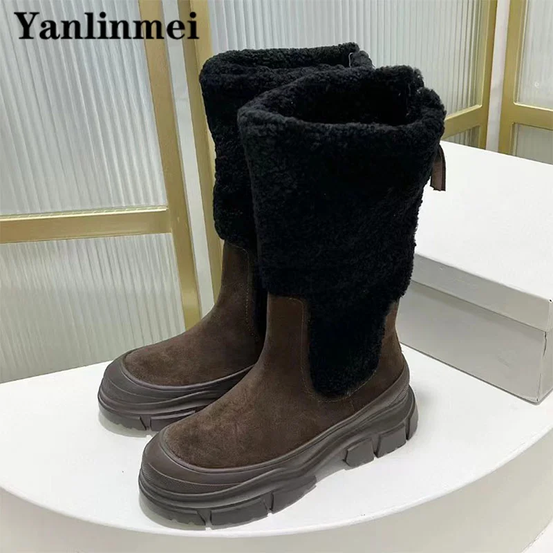 Winter Wool Mid-Calf Boots Boots Women Luxury Cow Suede Patchwork Thick Sole Shoes Round Toe Flat Short Motorcycle Boots Woman