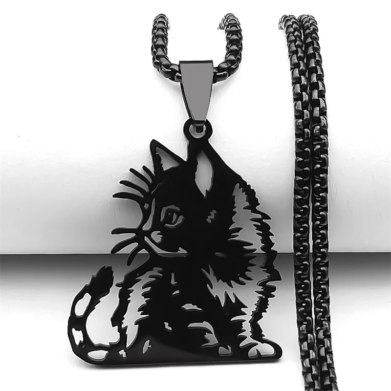 Siamesische Kätzchen Katze Anhänger Halskette Für Frauen Männer Edelstahl Gold Silber Farbe Hohl Kitty Tier Liebhaber Kette Schmuck – Detail 6