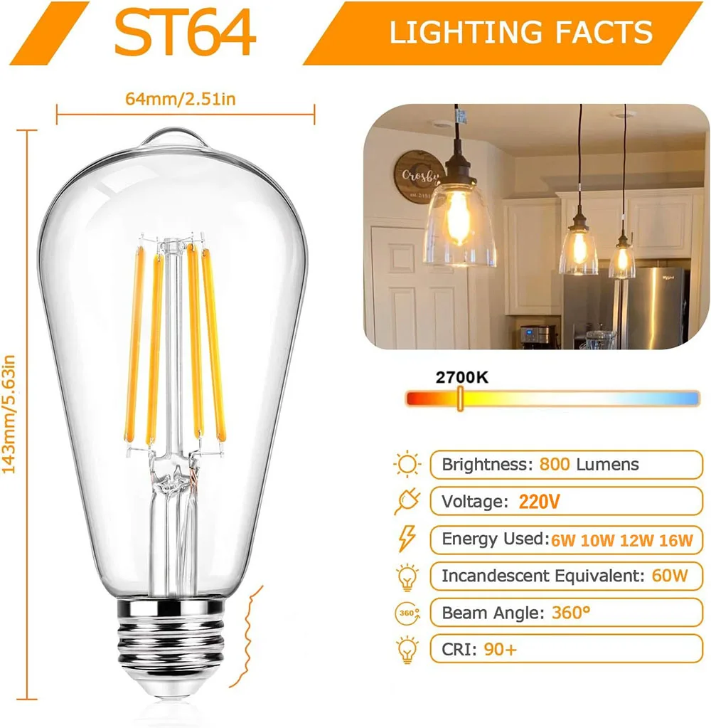 LED ST64 bulb16W 12W 10W 6W DC 220V 240V Gold Filament Bulb E27 ST64 Light Vintage Edison Lamp Retro Gold Glass Appearance