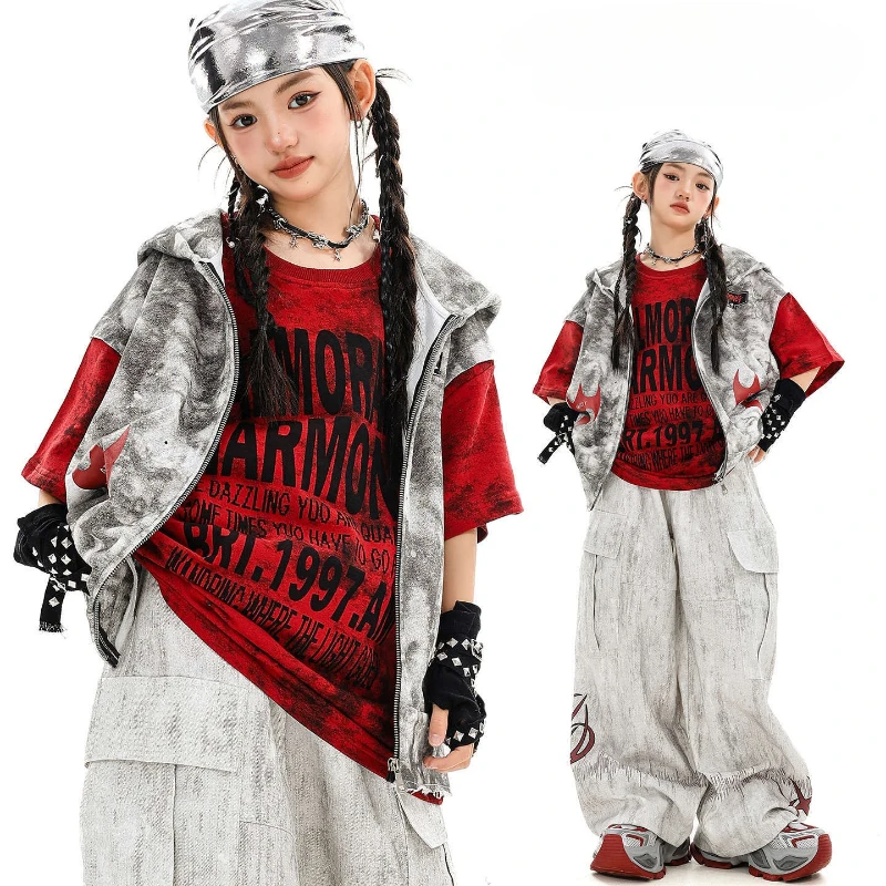 

Girls Kpop Hip Hop Clothing Gray Hooded Vest Red Letter T Shirt Casual Wide Pockets Pants Cool Stage Dance Costume Clothes Sets