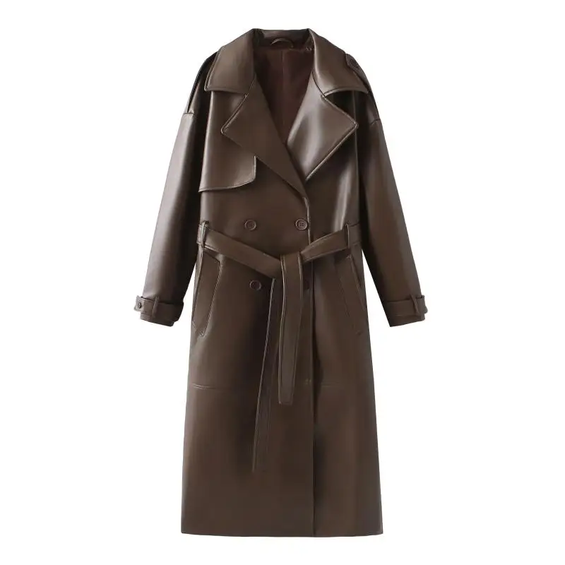 Spring Summer 2024 Retro Mid-Length Leather Jacket Casual Pure Color PU Coat for Trendy Women Commute Style Long Sleeve Strai...