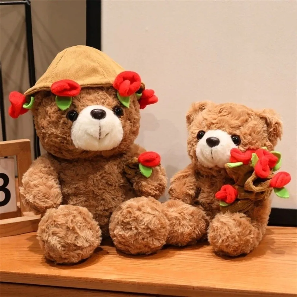 Kawaii 16/25CM Bear Plush Toy Romantic Handmade Bear Wear Rose Doll Soft Red Heart Love Bear Doll Birthday Gift