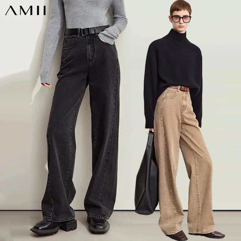 

AMII 2025 women jeans Autumn fashion denim vintage casual office lady pantalones loose wide leg pants woman clothing 12443249
