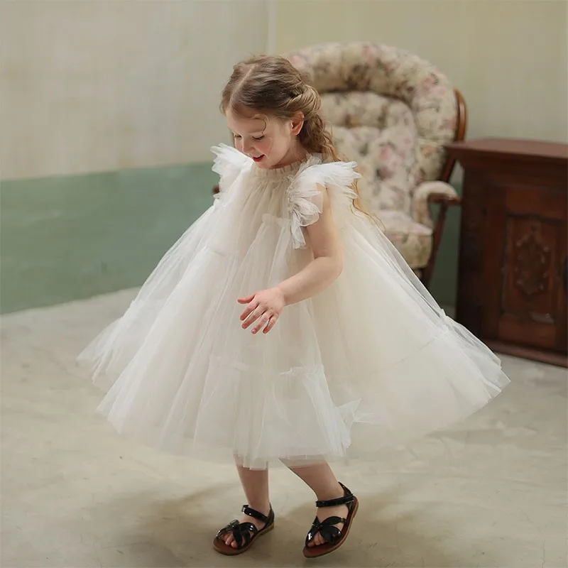 Girls Casual Dresses Manual Splicing Fluffy Yarn Princess Summer New Childrens Clothing Soild Round Collar Lace Sweet