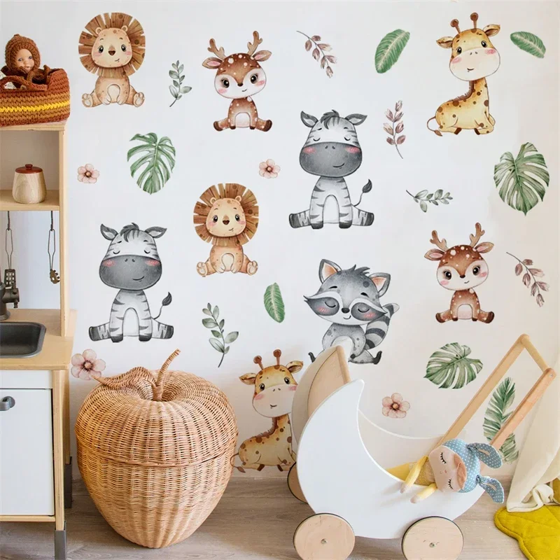 Boho Leaves Cute Cartoon Safari Animals Lion Giraffe Child Wall Stickers for Kids Room Baby Boys Girls Bedroom Decor Wall Decals