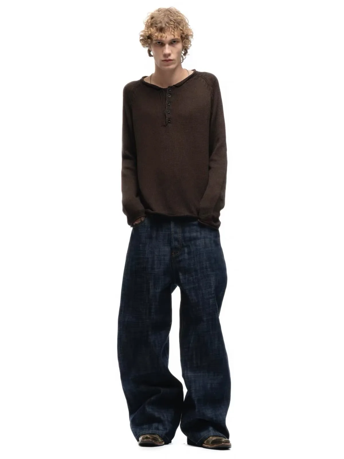 Simple Cycle Men's Long Sleeve Knitted Sweater Henry Collar Button up Base Layer T-Shirt Inner Wear Casual Cotton Top