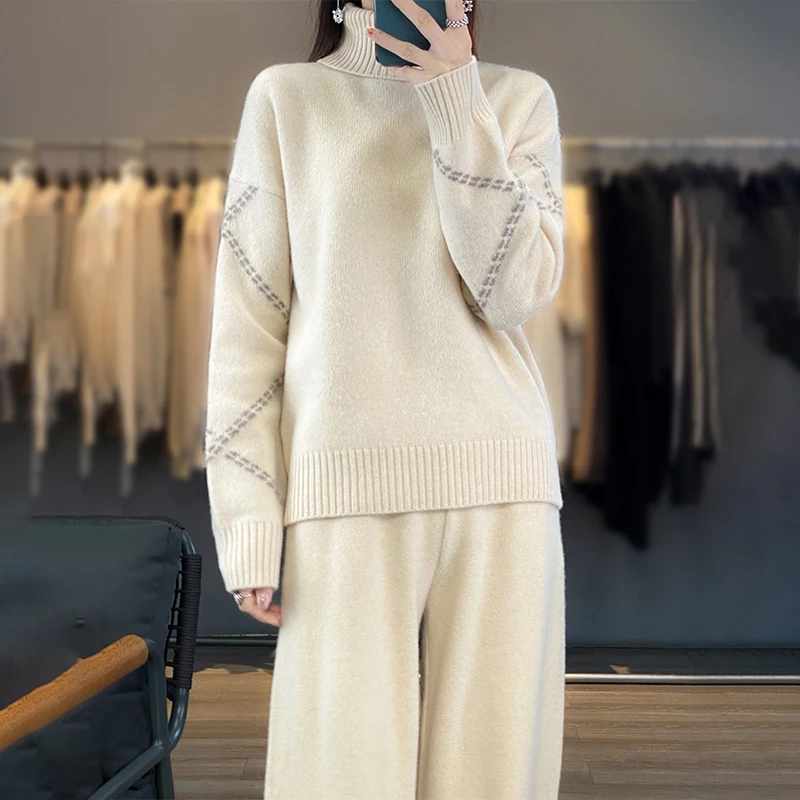 Women Suits 100% Wool Knitting Pant Ladies Sweater+Wide Leg Pants Autumn Winter Solid Color Soft Warm Pullovers for Female YP01