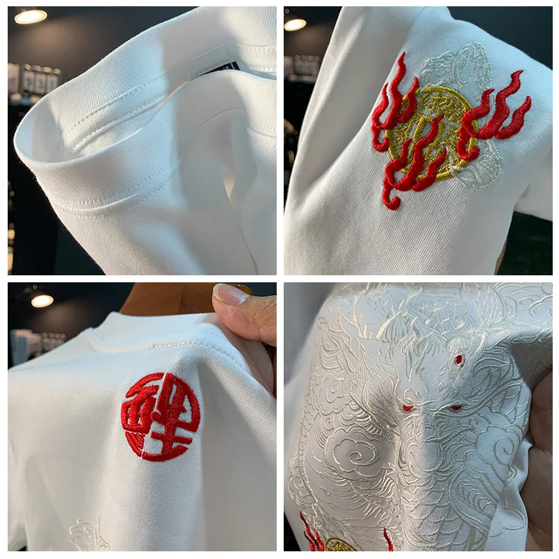 Chiński haft Loong z nadrukiem T-shirt z krótkim rękawem męski 2025 letni luźny, swobodny fason w stylu narodowym top w stylu retro