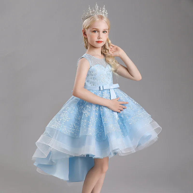 European and American Children's Princess Dress Gown Flower Girl Puffy Tulle Train Dress Little Girl Catwalk Piano Performance D