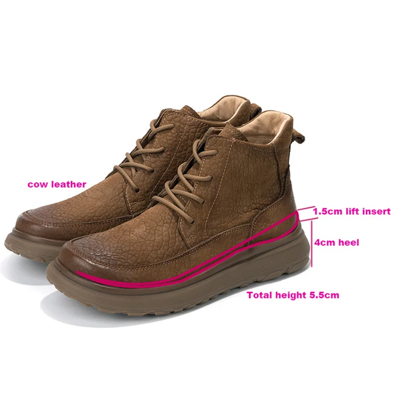 LIHUAMAO Cow Leather lift shoes Work boots Men elevator shoes height increase Shoes outdoor footwear high top motorcycle boots