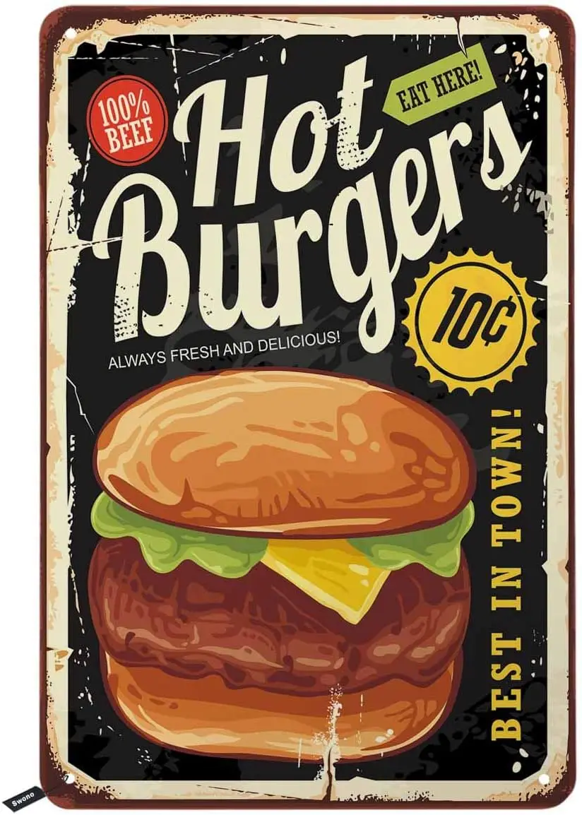 Swono Hot Burgers Tin Signs,Retro Poster Design with Big Hamburger on Old Metal Background Vintage Metal Tin Sign For Men Women,